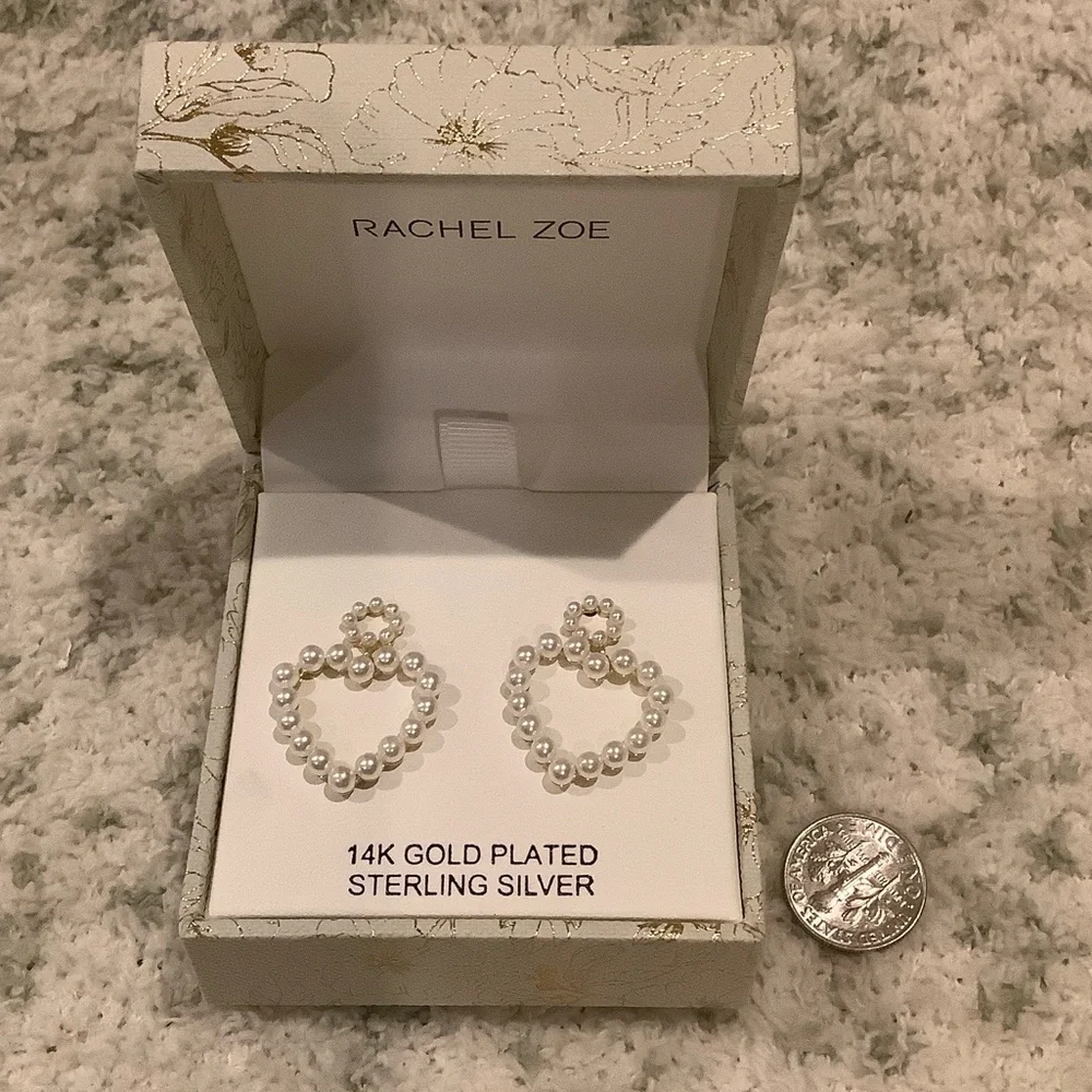 Rachel Zoe 14kt Gold Plated Sterling Silver Pearl Heart Earrings NWT Boxed - Picture 5 of 16